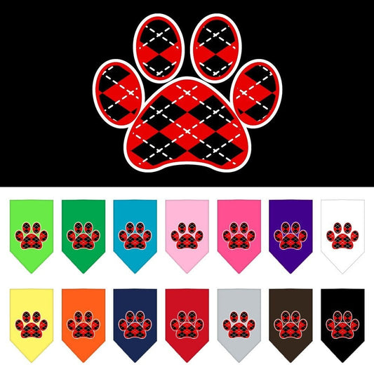 Bandana para mascotas y perros serigrafiada, "Red Argyle Paw"