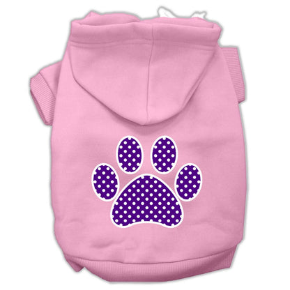 Sudadera con capucha para mascotas, perros y gatos serigrafiada con el texto "Purple Swiss Dots Paw"