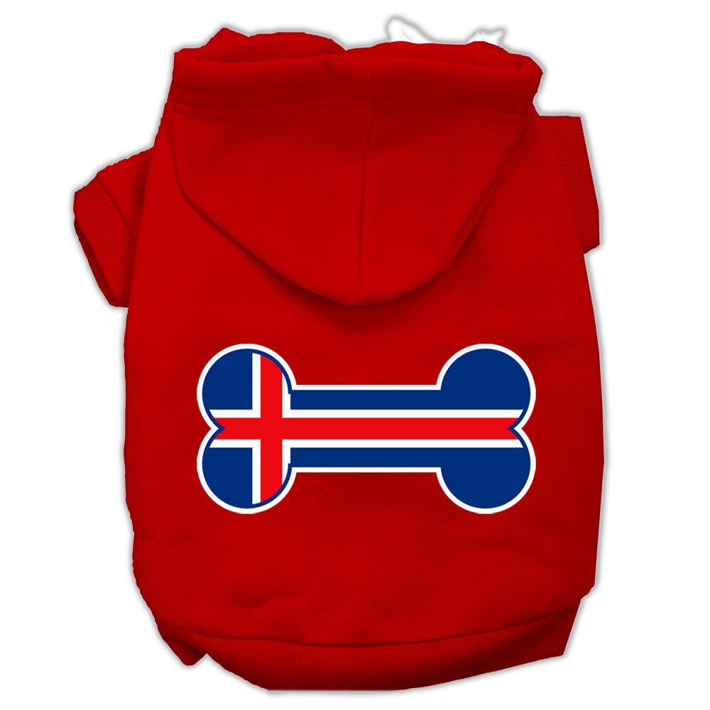 Sudadera con capucha para mascotas, perros y gatos serigrafiada con la bandera de Islandia en forma de hueso