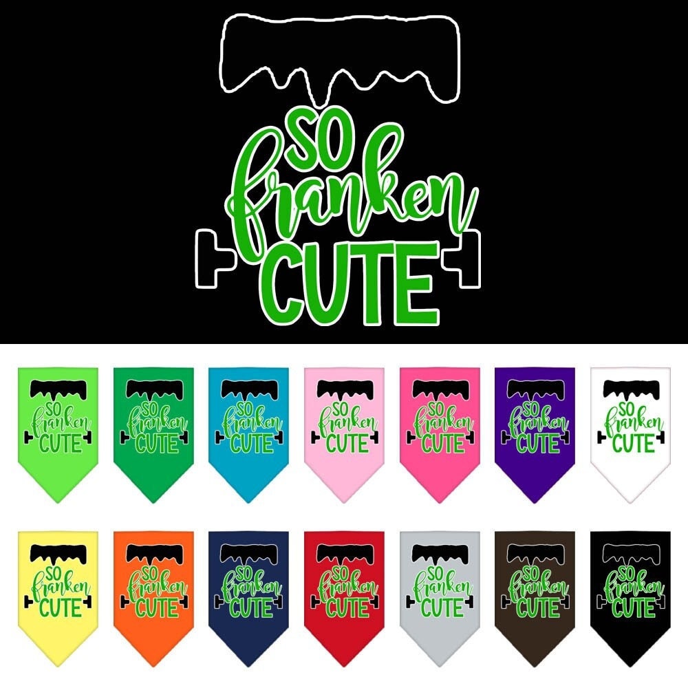 Bandana para perros y mascotas de Halloween serigrafiada con la frase "So Franken Cute"