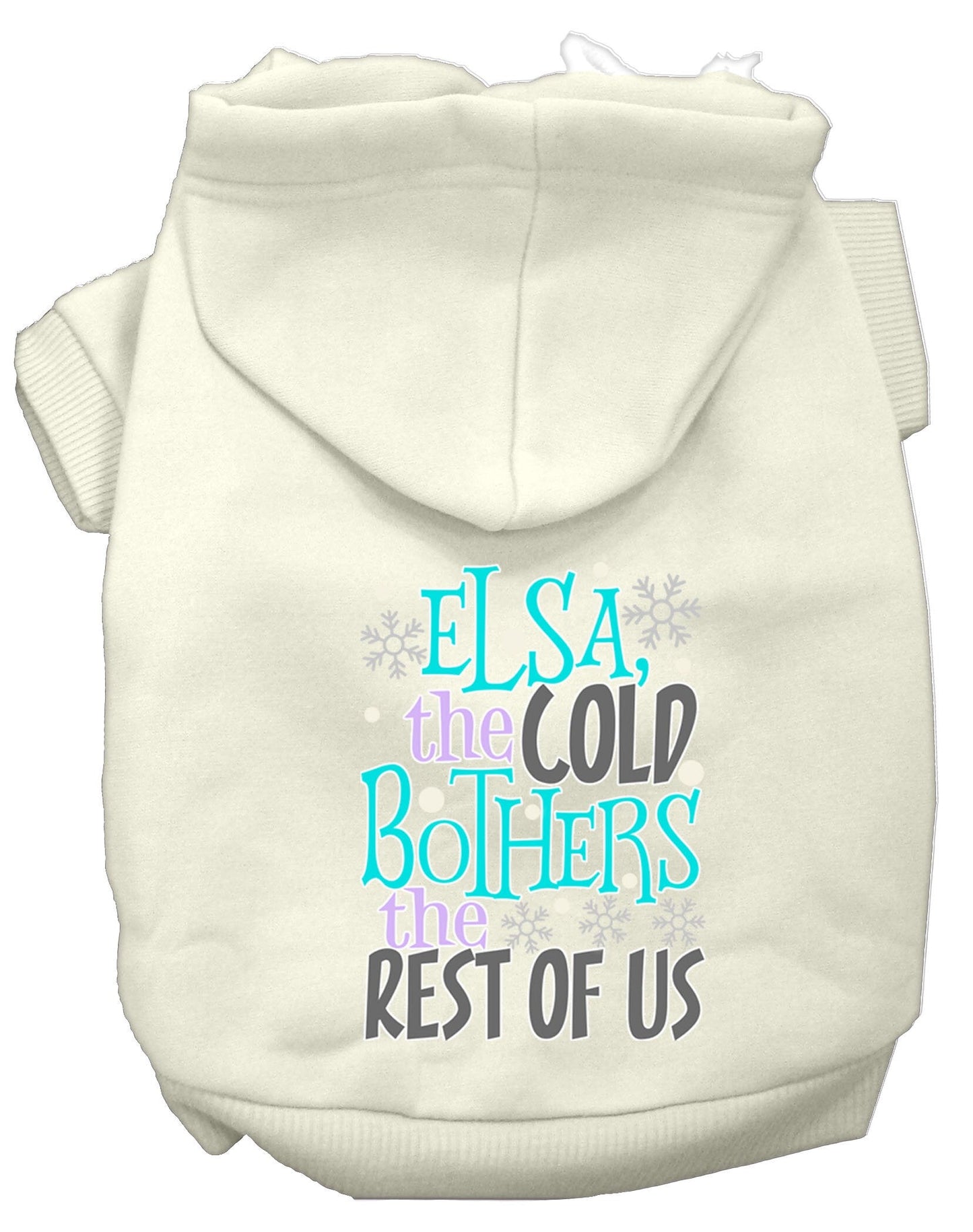 Sudadera con capucha para mascotas, perros y gatos serigrafiada con la frase "Elsa, el frío nos molesta"