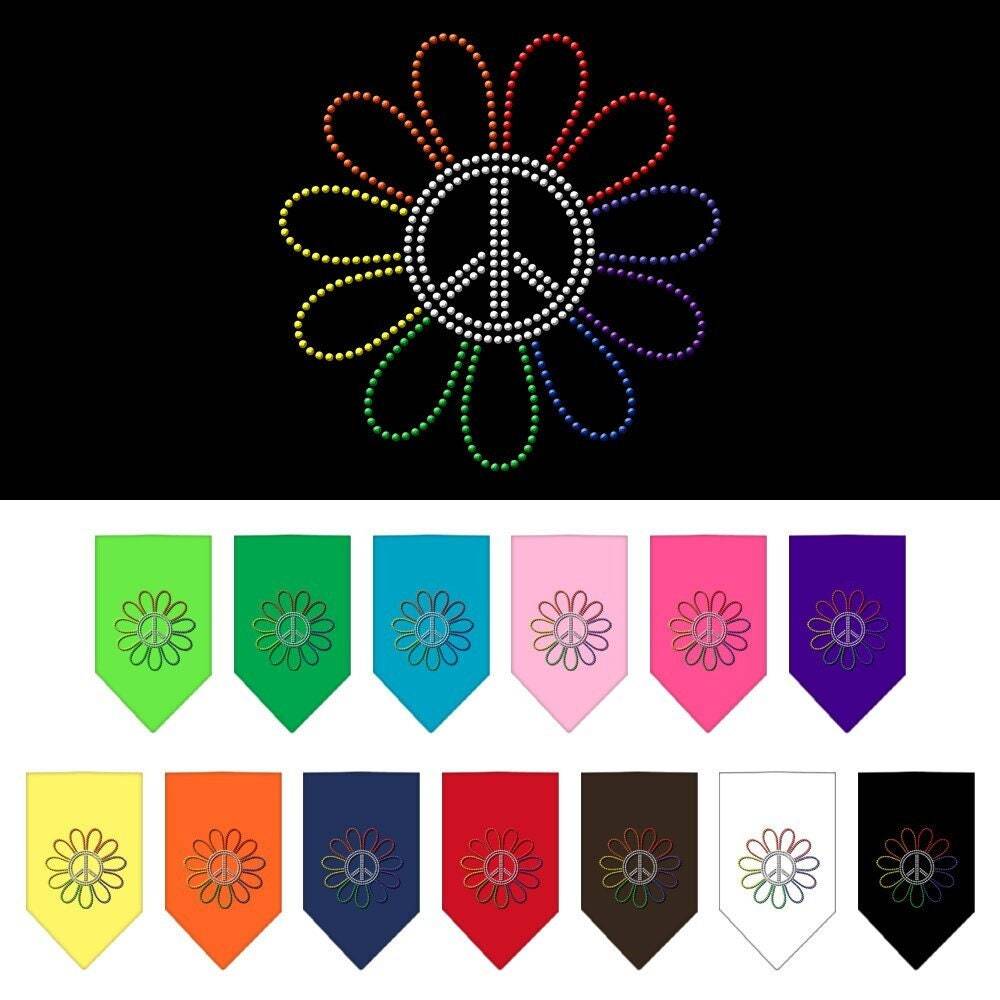 Bandana para mascotas y perros con diamantes de imitación, "Flor de la paz arcoíris"