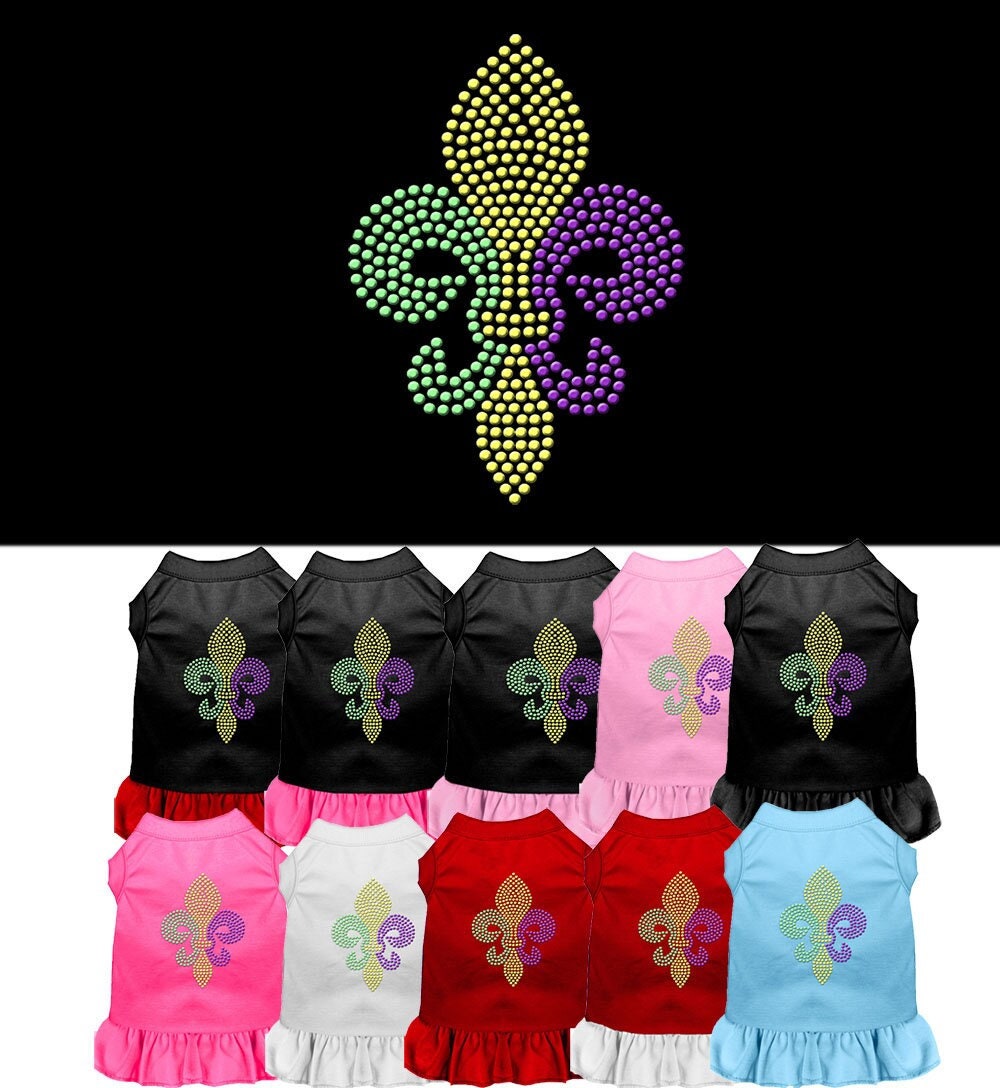 Vestido para perros y gatos con diamantes de imitación, "Mardi Gras Fleur De Lis"