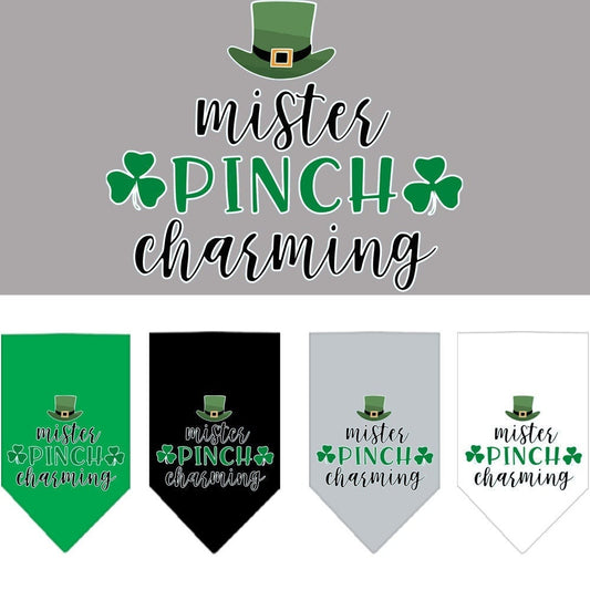 Bandana para mascotas y perros serigrafiada con la frase "Mr. Pinch Charming"