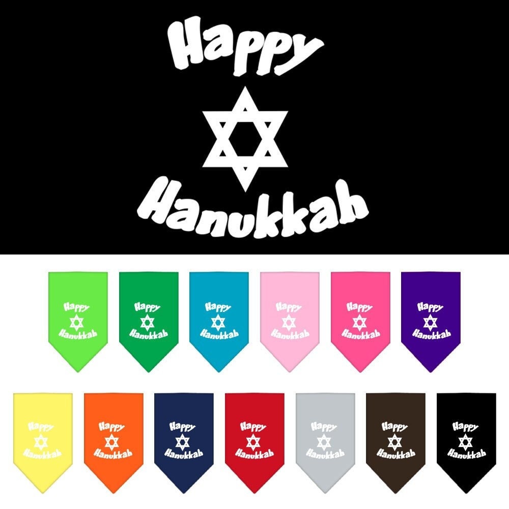 Bandana para mascotas y perros serigrafiada con la frase "Happy Hanukkah"