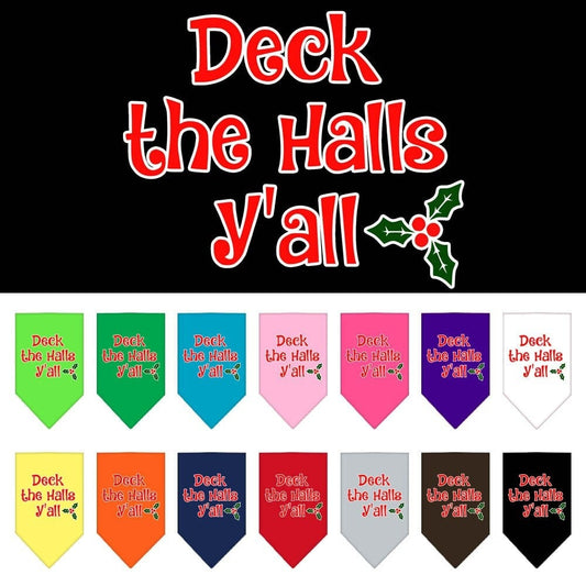 Bandana navideña para mascotas y perros serigrafiada con la frase "Deck The Halls Y'all"