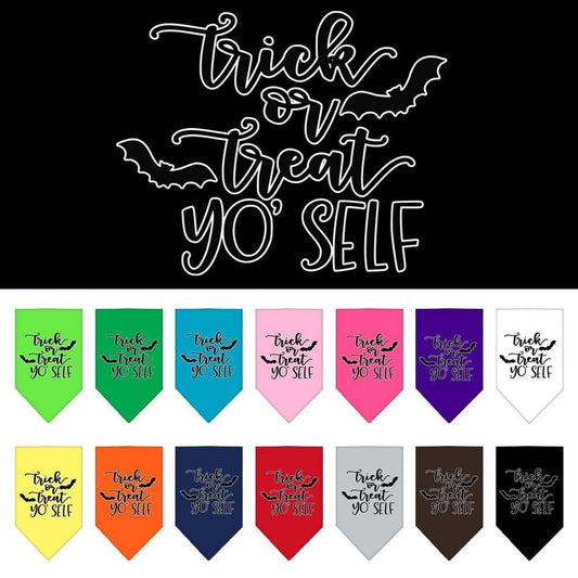 Bandana de Halloween para mascotas y perros serigrafiada con la frase "Trick Or Treat Yo' Self"