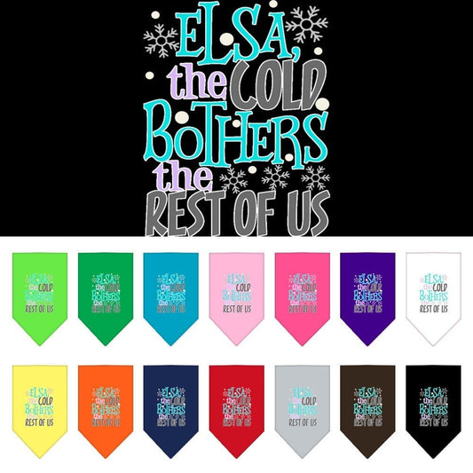 Bandana para mascotas y perros serigrafiada con la frase "Elsa, el frío nos molesta a todos"