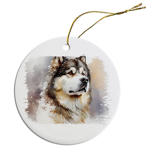 Adorno navideño redondo específico para la raza de perro, "Alaskan Malamute"