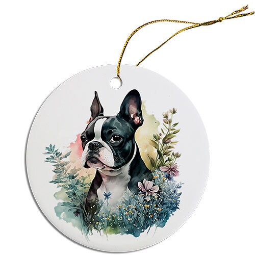 Adorno navideño redondo específico para la raza de perro, "Boston Terrier"