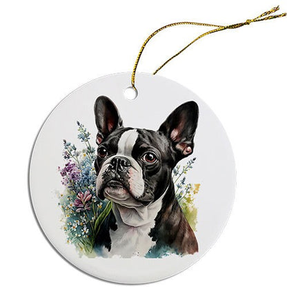 Adorno navideño redondo específico para la raza de perro, "Boston Terrier"