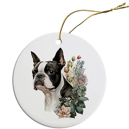 Adorno navideño redondo específico para la raza de perro, "Boston Terrier"