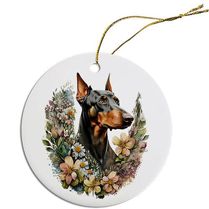 Dog Breed Specific Round Christmas Ornament, "Doberman"