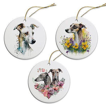 Dog Breed Specific Round Christmas Ornament, "Greyhound"