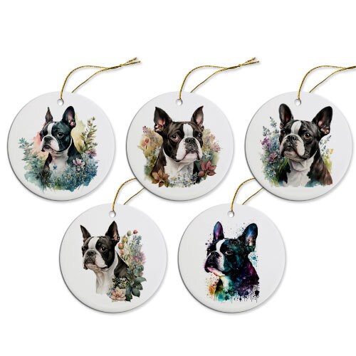 Dog Breed Specific Round Christmas Ornament, "Boston Terrier"