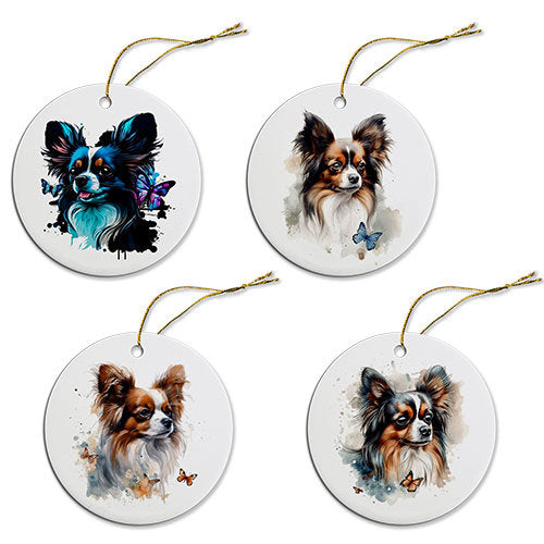 Dog Breed Specific Round Christmas Ornament, "Papillon"