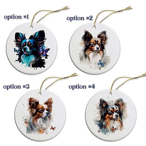 Dog Breed Specific Round Christmas Ornament, "Papillon"