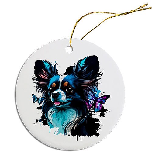 Dog Breed Specific Round Christmas Ornament, "Papillon"