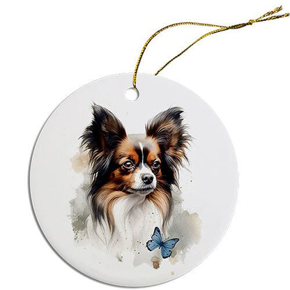 Dog Breed Specific Round Christmas Ornament, "Papillon"