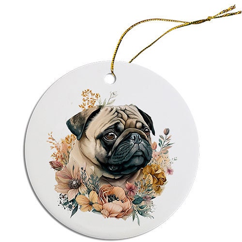 Dog Breed Specific Round Christmas Ornament, "Pug"