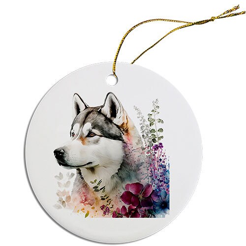 Dog Breed Specific Round Christmas Ornament, "Siberian Husky"