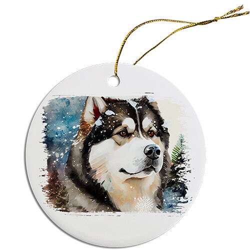 Adorno navideño redondo específico para la raza de perro, "Alaskan Malamute"