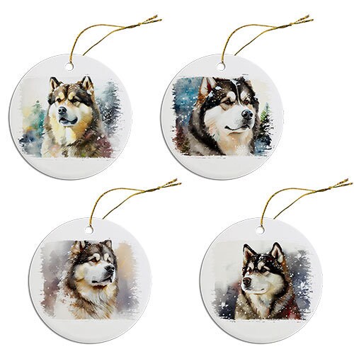 Adorno navideño redondo específico para la raza de perro, "Alaskan Malamute"