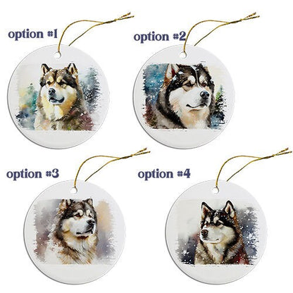 Adorno navideño redondo específico para la raza de perro, "Alaskan Malamute"