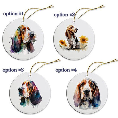 Dog Breed Specific Round Christmas Ornament, "Basset Hound"