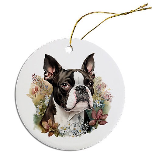 Adorno navideño redondo específico para la raza de perro, "Boston Terrier"