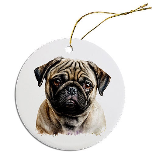 Dog Breed Specific Round Christmas Ornament, "Pug"