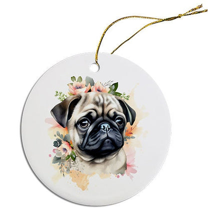 Dog Breed Specific Round Christmas Ornament, "Pug"