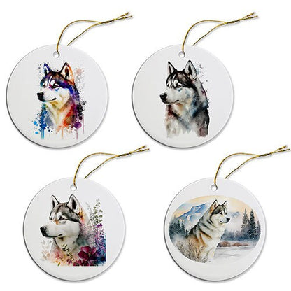 Dog Breed Specific Round Christmas Ornament, "Siberian Husky"