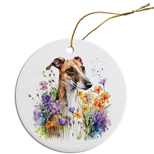 Dog Breed Specific Round Christmas Ornament, "Whippet"