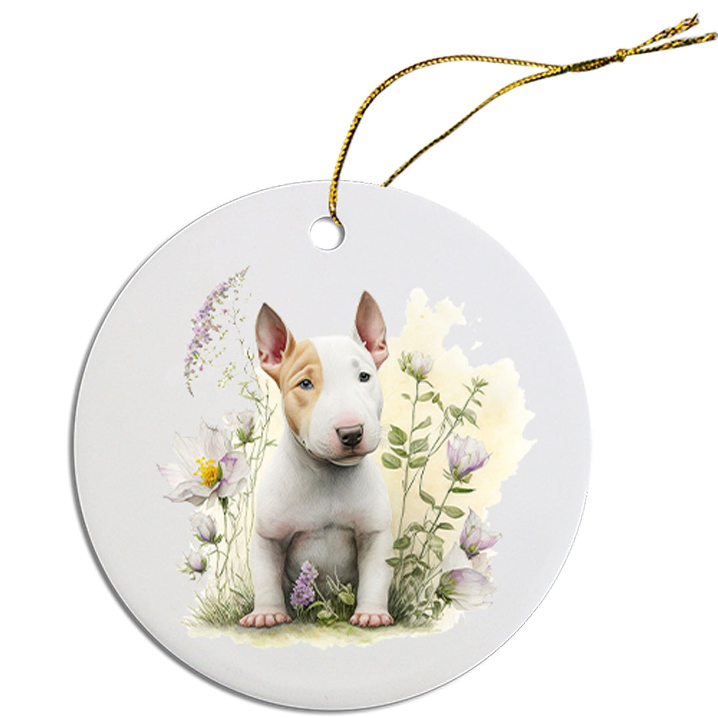 Adorno navideño redondo específico para la raza de perro, "Bull Terrier"