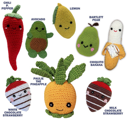 Knit Knacks Organic Cotton Pet & Dog Toys, "Fruits" (Choose from: Strawberries, Pear, Pineapple, Lemon, Chili Pepper, Avocado or Banana)