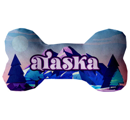 Juguetes de peluche en forma de hueso para mascotas y perros, "Montañas de Alaska" (juego 2 de 2 opciones de juguetes del estado de Alaska, disponibles en diferentes opciones de patrones)