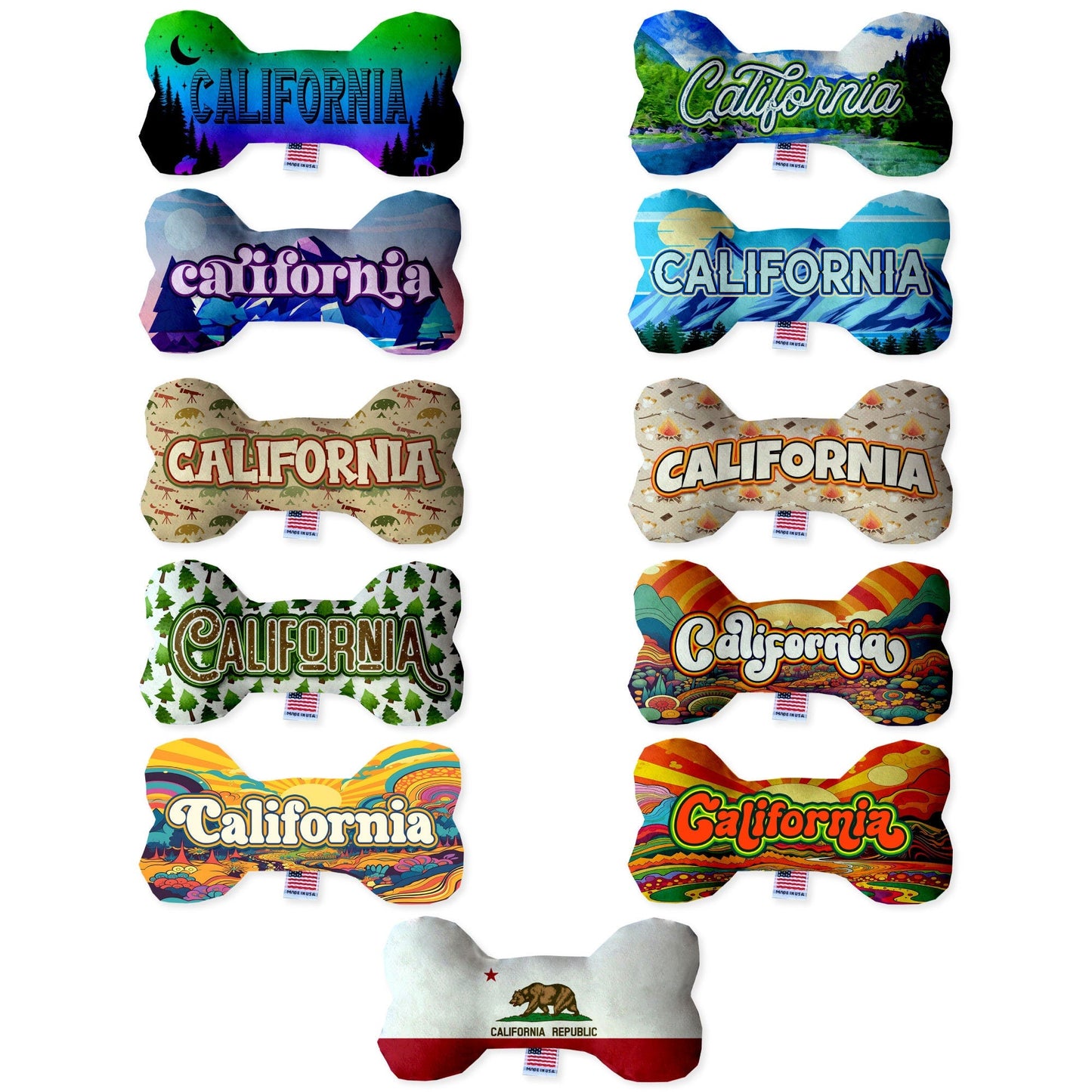 Juguetes de peluche en forma de hueso para mascotas y perros, "Montañas de California" (juego 2 de 3 opciones de juguetes del estado de California, disponibles en diferentes opciones de patrones)