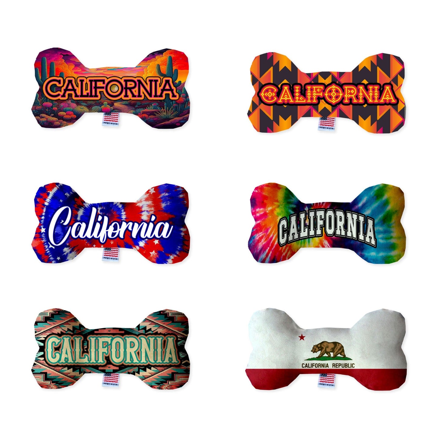 Juguetes de peluche en forma de hueso para mascotas y perros, "Desierto de California" (juego de 3 de 3 opciones de juguetes del estado de California, disponibles en diferentes opciones de patrones)