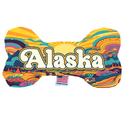 Juguetes de peluche en forma de hueso para mascotas y perros, "Montañas de Alaska" (juego 2 de 2 opciones de juguetes del estado de Alaska, disponibles en diferentes opciones de patrones)