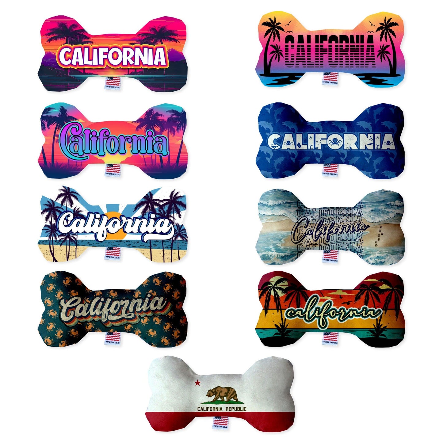 Juguetes de peluche en forma de hueso para mascotas y perros, "Playas de California" (juego 1 de 3 opciones de juguetes del estado de California)