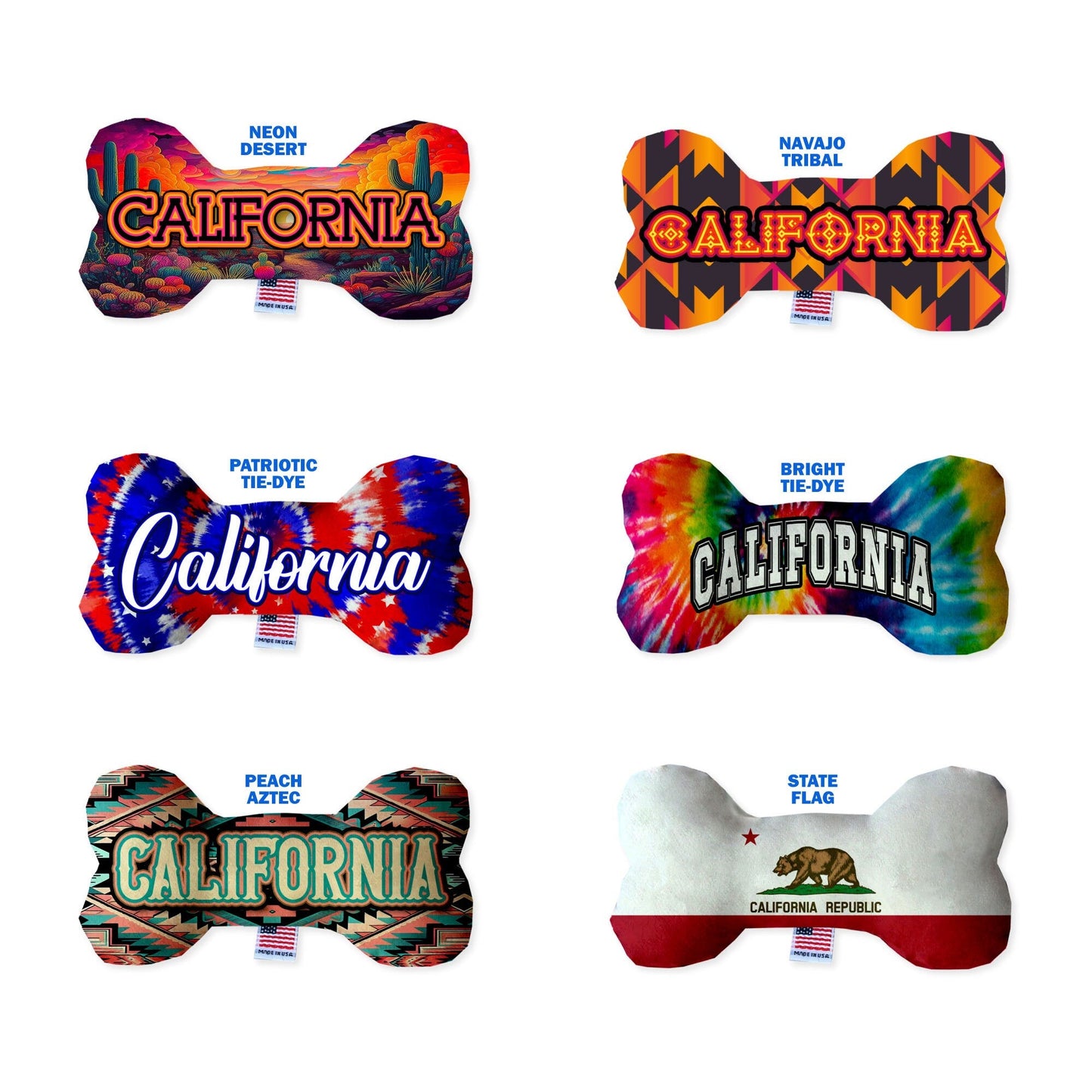 Juguetes de peluche en forma de hueso para mascotas y perros, "Desierto de California" (juego de 3 de 3 opciones de juguetes del estado de California, disponibles en diferentes opciones de patrones)