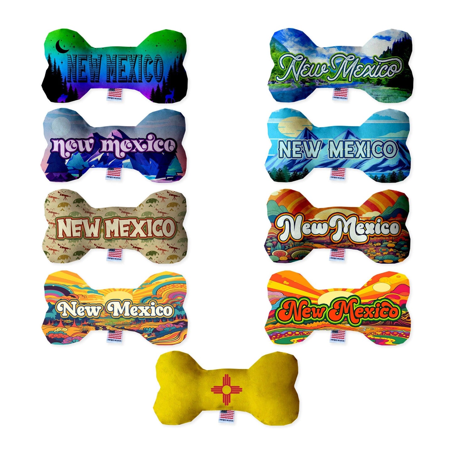 Juguetes de peluche en forma de hueso para mascotas y perros, "Montañas de Nuevo México" (juego 2 de 2 opciones de juguetes del estado de Nuevo México, disponibles en diferentes opciones de patrones)