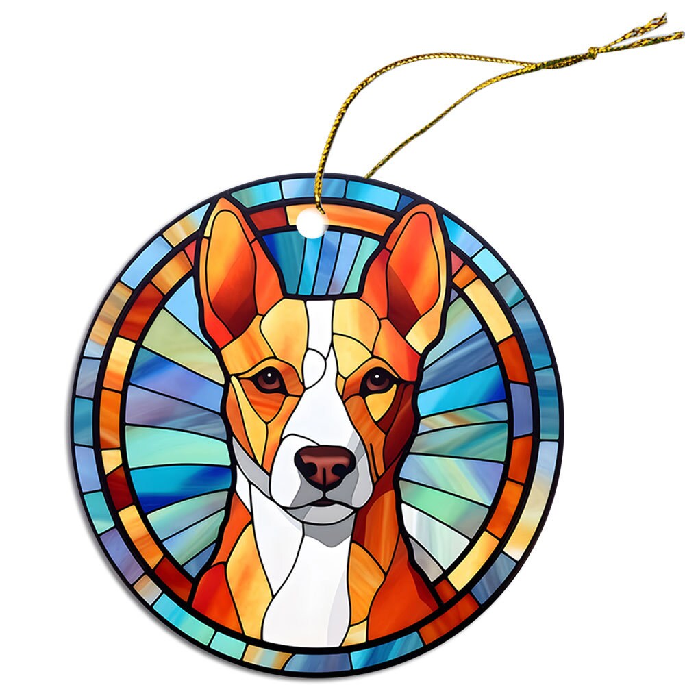 Adorno navideño de vidrieras con la raza de perro "Basenji"