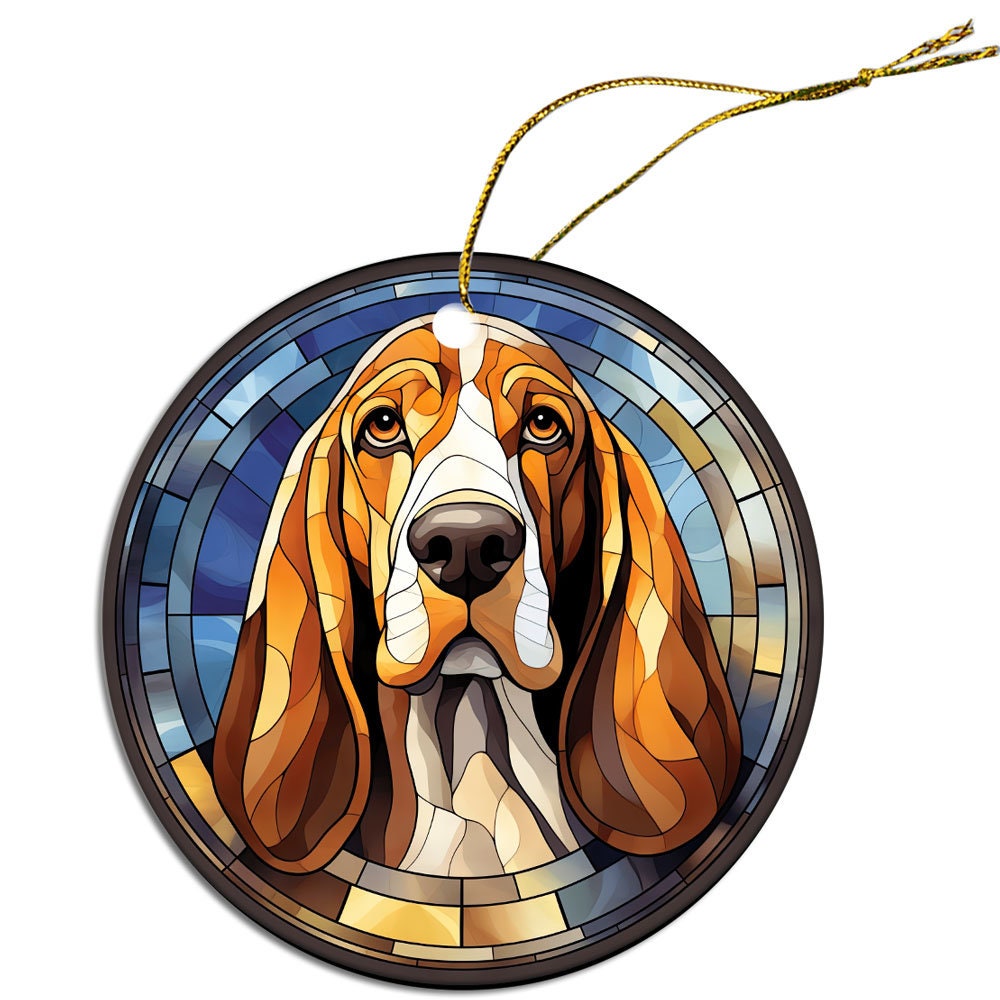 Adorno navideño de vidrieras con la raza de perro "Basset Hound"