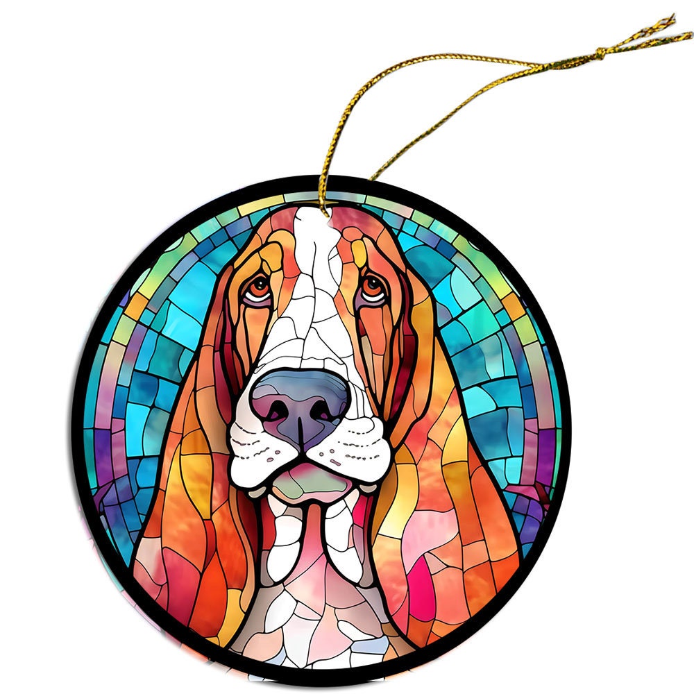 Adorno navideño de vidrieras con la raza de perro "Basset Hound"