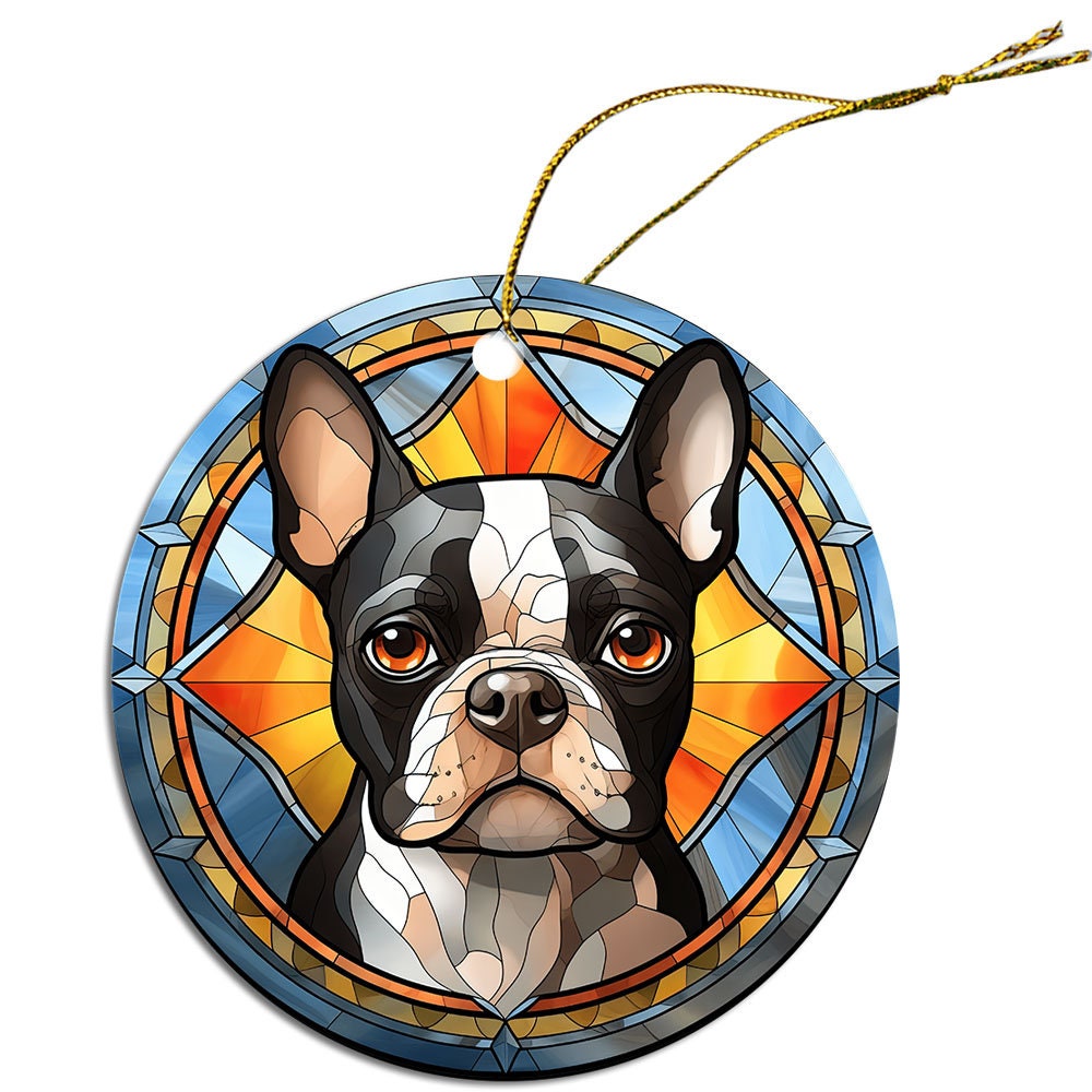 Dog Breed Christmas Ornament Stained Glass Style, "Boston Terrier"