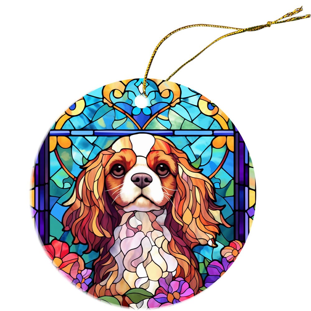 Adorno navideño de vidrieras con la raza de perro "Cavalier King Charles Spaniel"