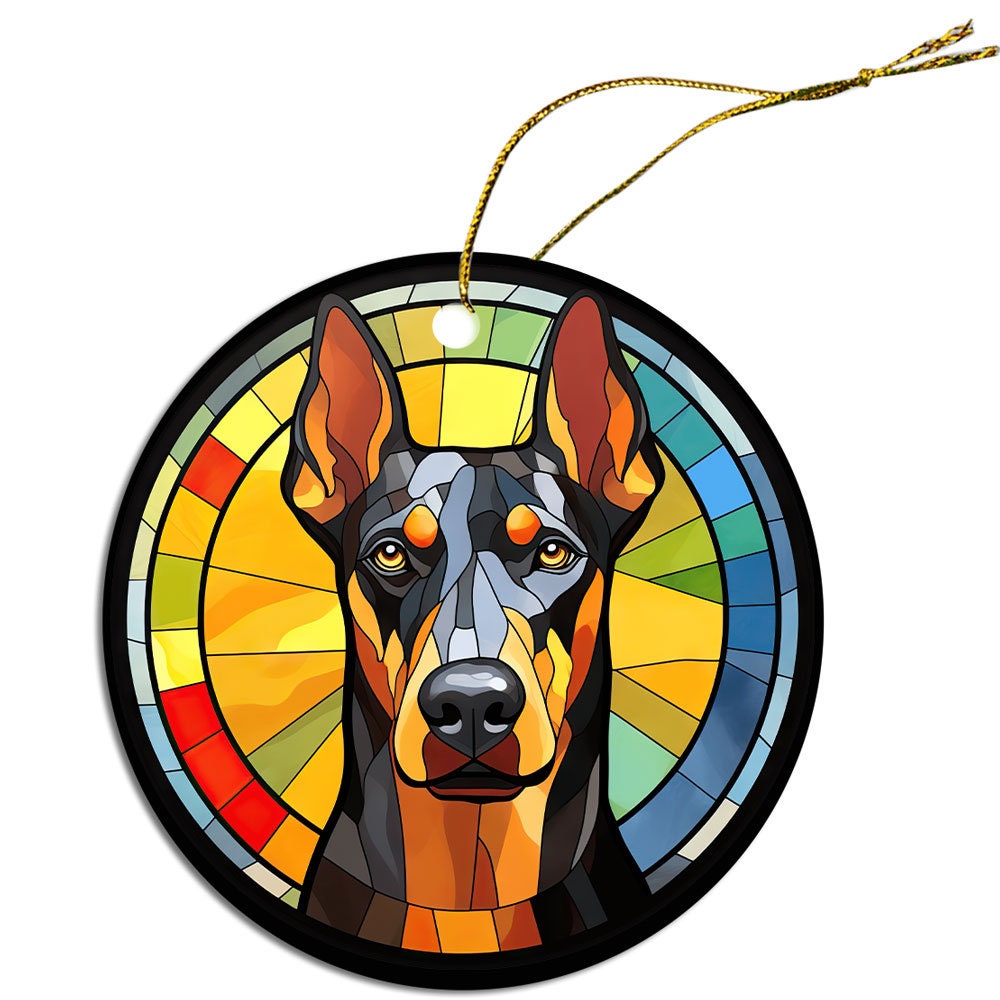 Adorno navideño de vidrieras con la raza de perro "Doberman"