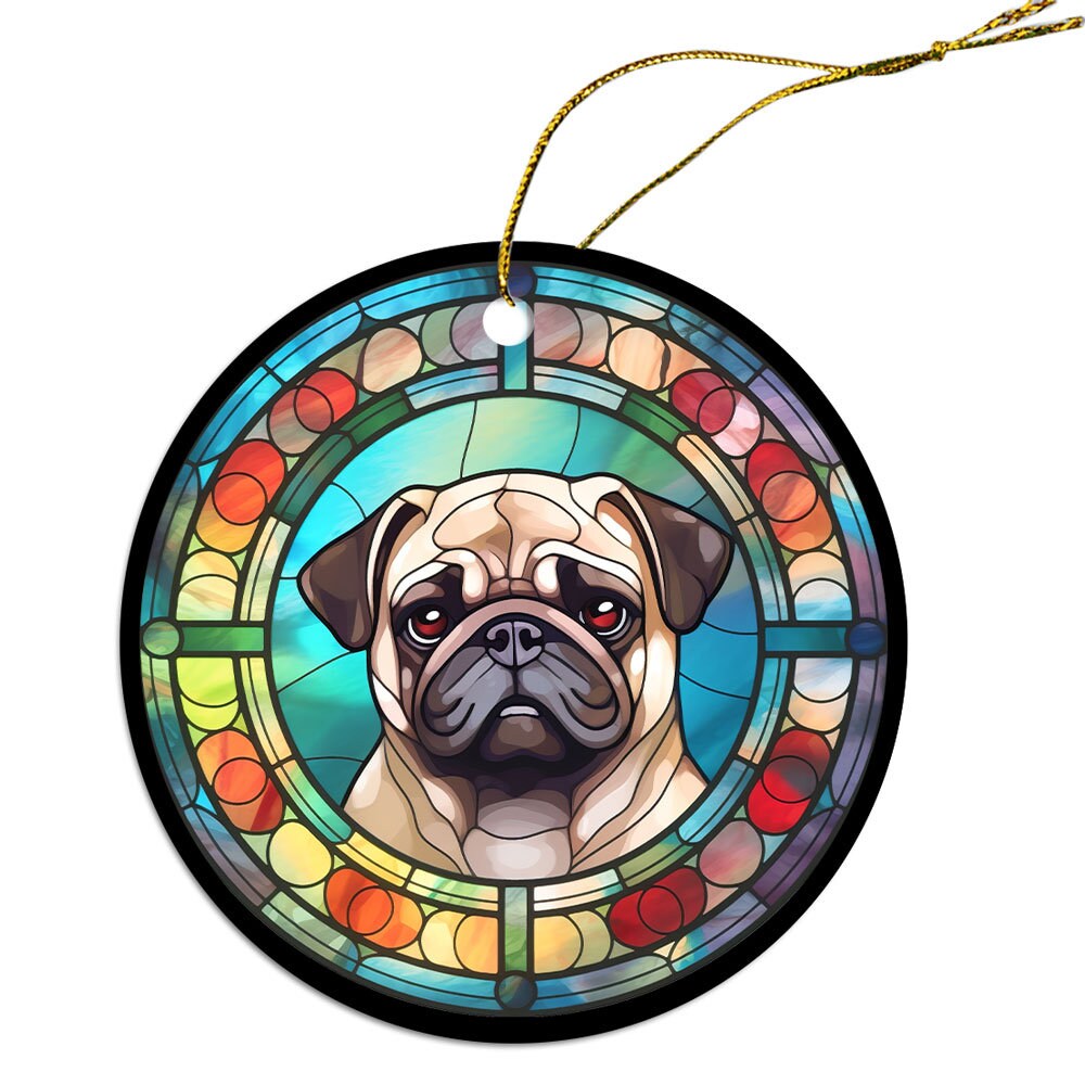 Adorno navideño de vidrieras de raza de perro, estilo "Pug"